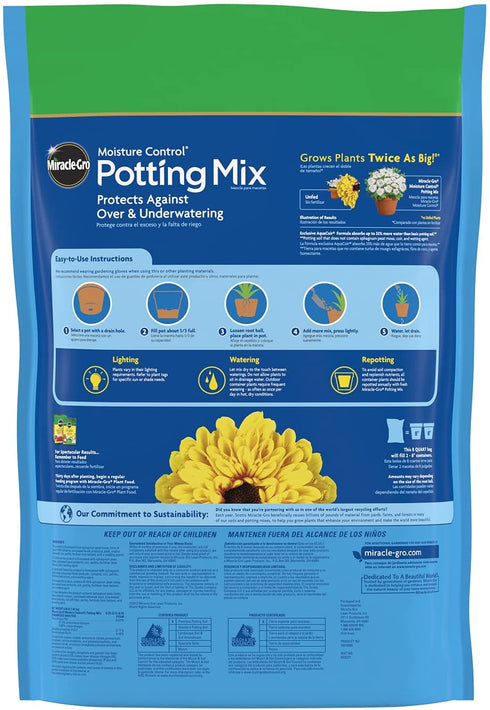 Miracle-Gro Moisture Control Potting Mix: Indoor/Outdoor Container Soil with Fertilizer for Plants, Flowers & Vegetables, 8 qt.