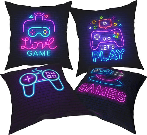 ZFYIPOK Gamer Throw Pillow Case, 18x18 Pillow Cover Set of 4 Video Game Neon Sign Square Case Decorative Cushion Home Sofa Chair Car for Boys Bedroom Playroom - Pink Purple (Retro Game Neon)