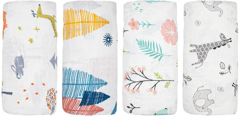 Kingrol 4 Pack Baby Muslin Swaddle Blankets, Soft Unisex Swaddle Wrap for Boys and Girls, Large Neutral Receiving Blanket for Newborn Infant, Bear/Fox/Elk/Elephant