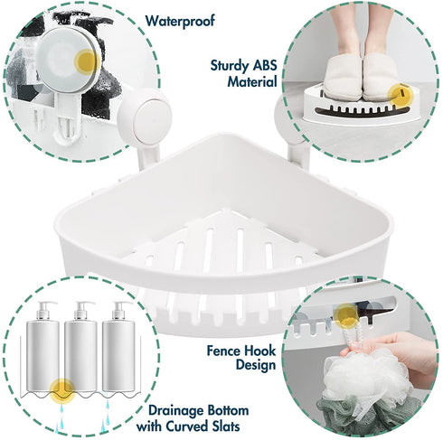 TAILI Suction Corner Shower Caddy Corner Shower Shelf Shower Basket Wall Mounted Shower Holder Organizer for Shampoo, Plastic White Shower Suction Caddy for Kitchen & Bathroom, Drill-Free Removable