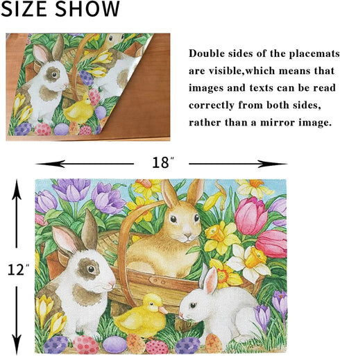 Spring Easter Placemats Set of 4 for Dining Table Egg Bunny Rabbit Tulips Washable Woven Vinyl Placemat Non-Slip Heat Resistant Kitchen Table Mats Easy to Clean