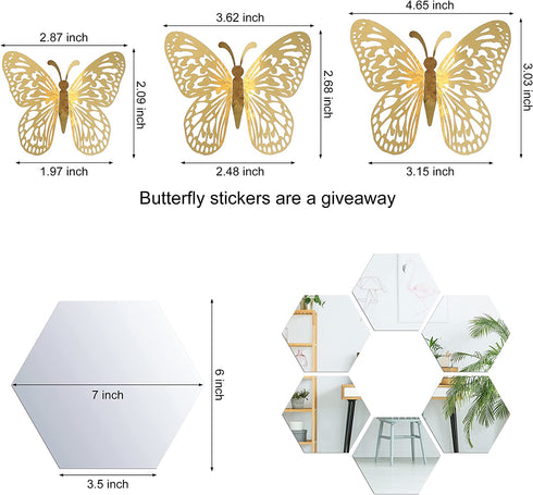 30pcs Removable Large Size Acrylic Hexagon Mirror Wall Stickers,Self-Adhesive Tiles, 3D Hexagonal, Non-Glass, add 3D gold Butterfly Stickers Decals 12pc for Home Bedroom Living Room reunion Decor(6.88 x 6.02 x 3.54 inchs?