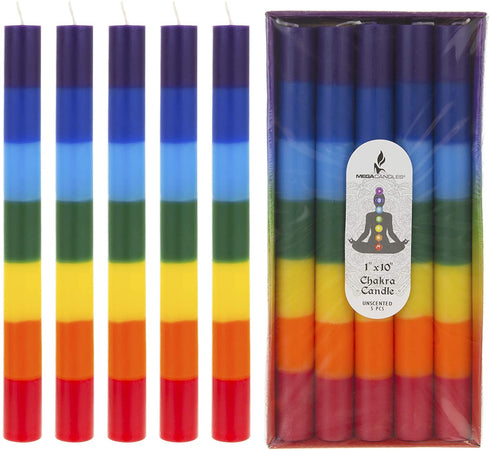 Mega Candles 5 pcs Unscented Multi Color Chakra Straight Taper Candle, Hand Poured Premium Wax Candles 10 Inch x 1 Inch, 100% Cotton Wick, Promotes Positive Energy, Meditation & Relaxation