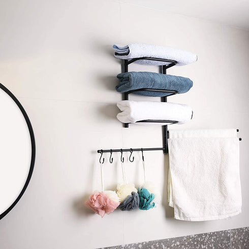 Towel Rack Holder&Organizer,Wall Mounted Metal Bathroom Towel Bar with 3 Swivel Arms 5 S-Hooks for Storage of Towels, Washcloths, Hand Towels