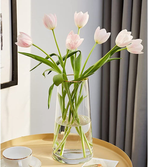 FUNSOBA Clear Glass Flower Vase with Gold Mouth for Centerpieces Home Wedding Decoration (1, Large 5.2" x 9.9œ)