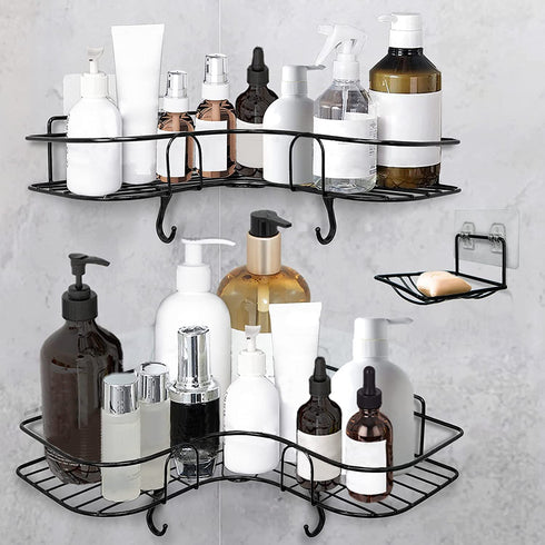 Huryfox Corner Shower Caddy, Bathroom Organizer Shelf Bathtub Storage Basket RV Accessories for Inside Soap Holder Rack and Adhesive Hooks-2 Pack, Black