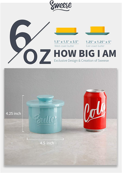 Sweese 322.102 Porcelain Butter Crock Keeper - French Butter Dish with Lid - Butter Relief, Turquoise