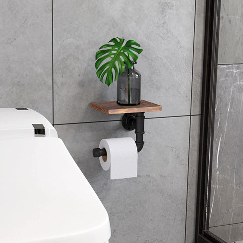 OROPY Industrial Toilet Paper Holder, Wall Mounted Tissue Roll Hanger with Rustic Wooden Shelf for Bathroom