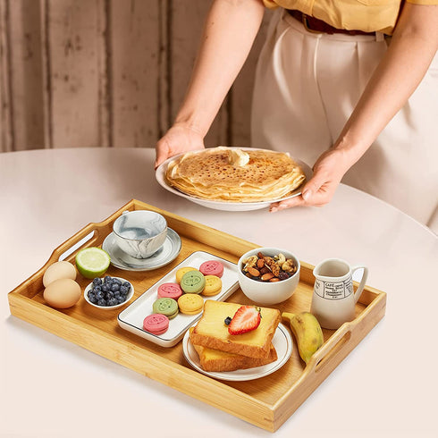 Serving Tray with Handle Rectangle Bamboo Butler Breakfast Tray,2 pcs Party Platter Decorative Large Tea Tray for Ottoman,Couch Dinner Trays for Kitchen, Bathroom, Living Room,Bedroom and Outdoors