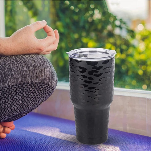 30oz Tumbler Stainless Steel Insulated Travel Mug with Straw Lid Cleaning Brush (Black Leopard)