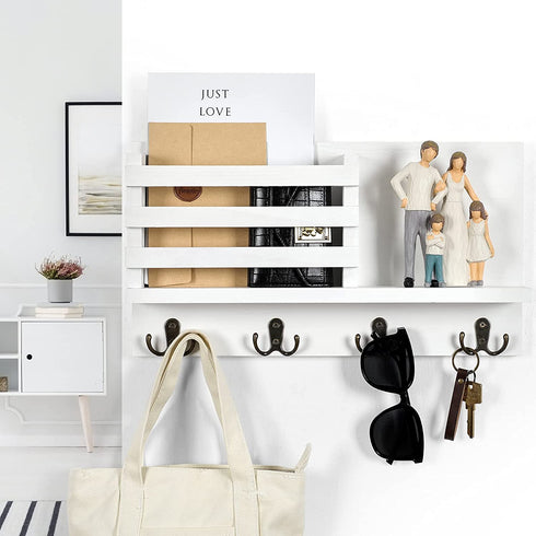 Lwenki Key & Mail Holder for Wall - Rustic Natural Paulownia Wood, 4 Double-Hook Hangers - Wall Mounted Organizer for Decor, Bags, Accessories - Hardware & Manual Included (White)