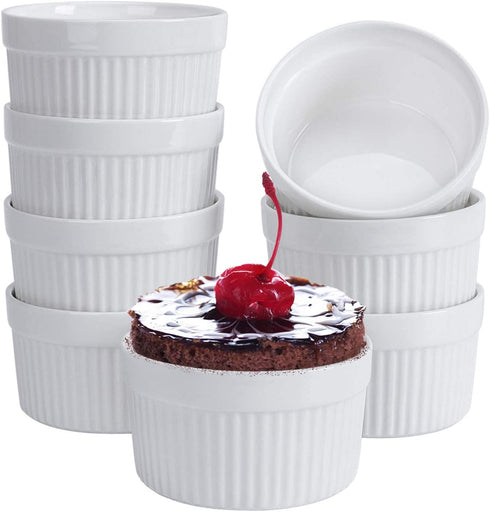 Ramekins 6 oz, Set of 8, Souffle Dishes, Oven Safe Porcelain Ramekins Bowls For Creme Brulee, Custard, Lava Cakes, Pudding, Flan, Mini Desserts, Jam and Ice Cream, Ramekins For Baking