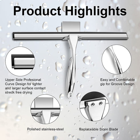 14 Inch Shower Squeegee Stainless Steel with Shower Door Hook and Adhesive Hook Glass Squeegee Bathroom for Doors, Bathroom, Windows, Kitchen, Mirror with Spare Silicone Blade 2 Hooks