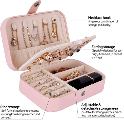 EEEKit 2 Pack Travel Jewelry Organizer Case, Portable Small Double Layer Jewelry Box for Traveling, PU Leather Jewelry Storage Boxes for Earrings Necklace Ring Bracelet Watch Bangle Display (Pink)