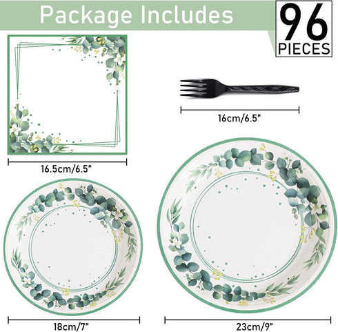 96 Pieces Sage Greenery Party Tableware Set Jungle Theme Party Table Decorations Supplies Bridal Baby Shower Safari Birthday Wedding Paper Plates Napkins Forks for 24 Guests