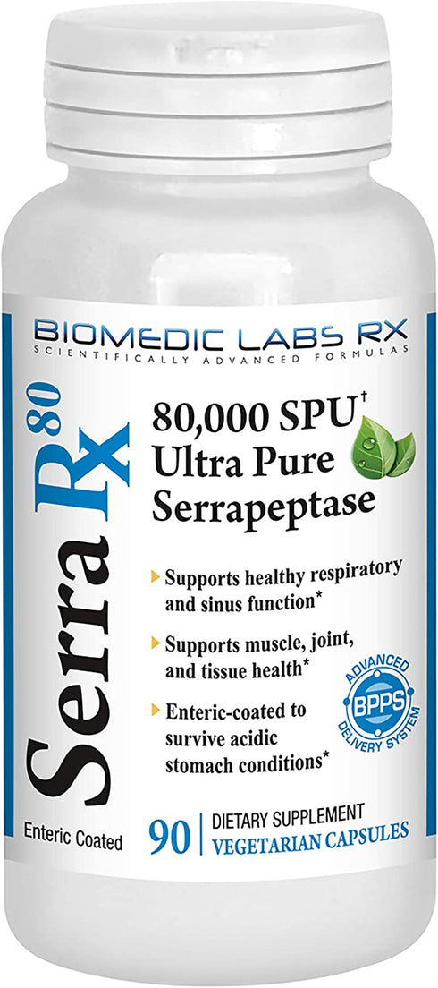 Serra-RX 80,000 SPU Serrapeptase - Enteric Coated Proteolytic Systemic Enzyme, Non-GMO, Gluten Free, Vegan, Supports Sinus & Lung Health, 90 Veg Capsules