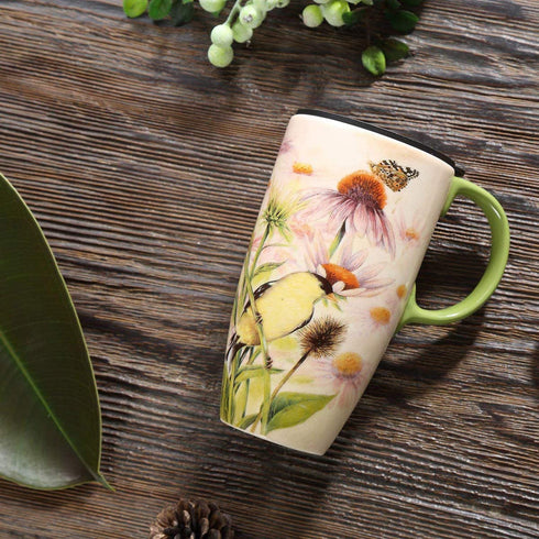 Topadorn Coffee Ceramic Mug Porcelain Latte Tea Cup With Lid 17oz., Butterflies over Flowers Mother's Day Mug