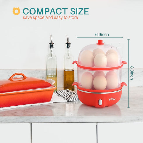 Bear Rapid Electric Egg Cooker,14 Capacity Double Tier Egg Boiler,Auto Shut-Off Egg Poacher for Hard Boiled Poached Scrambled Omelets Steamed Vegetables Dumplings,Red