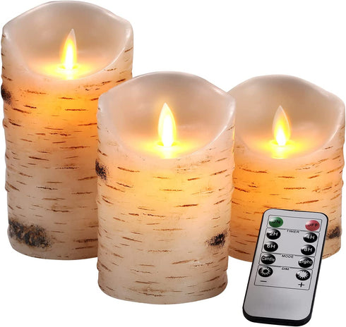 Tuyai Flameless Candles LED Candles Set of 3 (D 3.25 x H 4 5 6) Ivory Real Wax Pillar Birch Bark Effect Battery Operated Candles Dancing LED Flame 10-Key Remote Control and Cycling 24 Hrs Timer