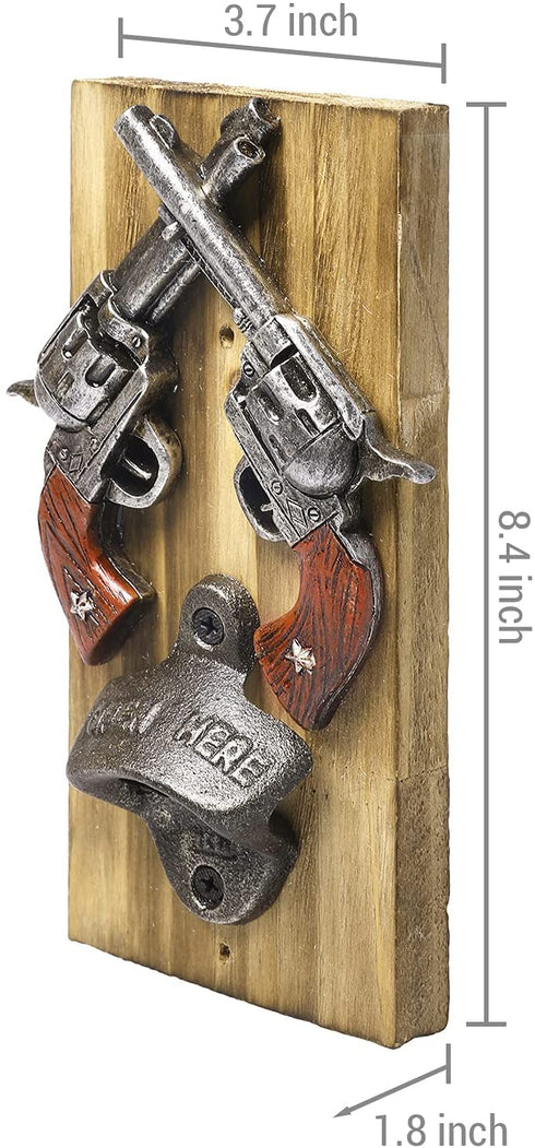 MyGift Wall Bottle Opener - Rustic Burnt Wood Western-Inspired Hanging Beer Bottle Cap Opener with Dual Old Wild West Six Shooter Revolvers Design