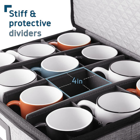 StorageBud China Storage Containers - Hard Shell, Stackable Holders For 12 Cups, Mugs, Stemless Wine Glasses Padded Dinnerware & Dish Cases with Dividers, Handles & Zippers