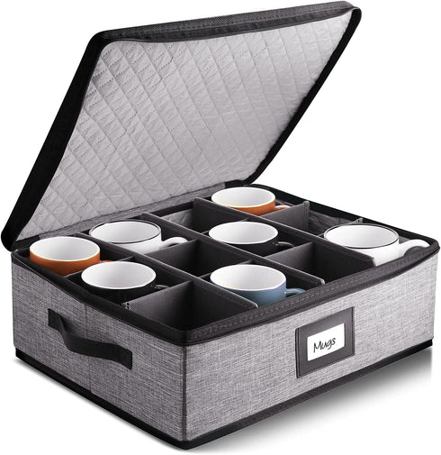 StorageBud China Storage Containers - Hard Shell, Stackable Holders For 12 Cups, Mugs, Stemless Wine Glasses Padded Dinnerware & Dish Cases with Dividers, Handles & Zippers