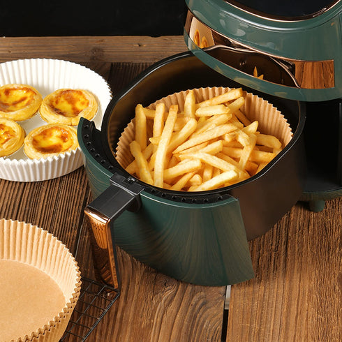 DERGUAM 100 PCS Air Fryer Disposable Paper Liner, Non-Stick Baking Parchment, Air Fryer Liners with Food Tong and Baking Brush for Baking Roasting Microwave Frying Pan, 7.8"