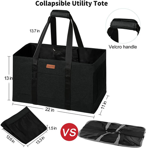 Large Utility Tote Bag, Reusable Grocery Bags Collapsible Tote, Large Tote Bag With Handles Utility Tote Shopping Bags for Groceries, Storage, Picnic, Beach, Pool (Black)