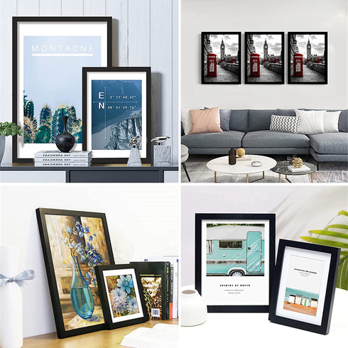 Decort 11x14 Picture Frame Set of 4 - Made to Display Pictures 8x10 with Mat or 11x14 Without Mat - Wide Molding - Pre-Installed Wall Mounting Hardware, Black