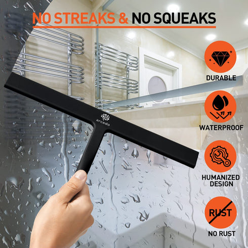 Arcedo Shower Squeegee for Shower Glass Door, 11 Inch Silicone Household Squeegee for Window, Tile, and Car Glass, All Purpose Bathroom Cleaning Tool, Includes Hook, Black