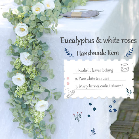 PARTY JOY 6.5ft Seeded Eucalyptus Garland with Flowers-8 White Roses-Lush,Natural Looking, Floral Garland Greenery Garland for Party Wedding Table Indoor Outdoor Backdrop Wall Decor?White,1?
