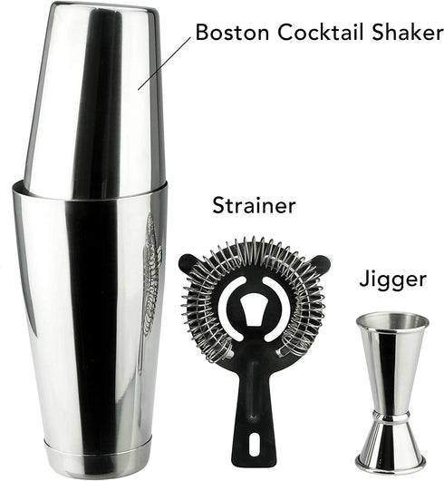 PG Boston Cocktail Kit - 4PC Premium Stainless Steel Shaker Set - 30oz Gloss Finish 2-Piece Shaker with Cocktail Strainer and Double Jigger