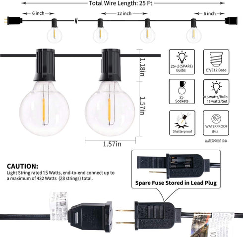 25Ft Globe Led String Lights Waterproof Shatterproof, Connectable Hanging Patio String Lights with 25 LED Plastic Clear Bulbs, Outdoor Indoor Lights for Room Caf© Bistro Pergola Tents, Black Wire