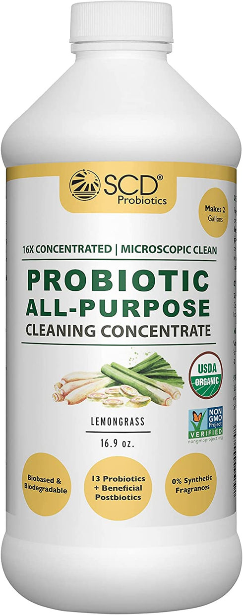 USDA Certified Organic Probiotic All Purpose Cleaning Concentrate, Lemongrass 16.9 fl. oz. - Ultra Concentrated Multi Surface Cleaner, Cleaning Spray Refill, Kitchen and Household Cleaner by SCD Probiotics (1 Pack)