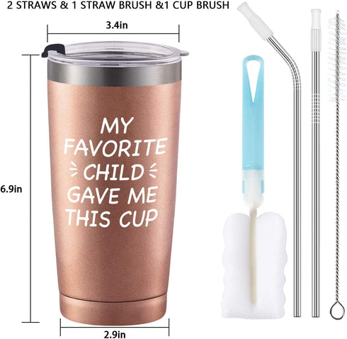 My Favorite Child Gave Me This Cup Travel Tumbler with Lid, Mom Gifts for Mom Dad Women, Birthday Mother's Day Gifts from Daughter Son Kids, 20 Oz Insulated Stainless Steel Wine Tumbler, Rose Gold
