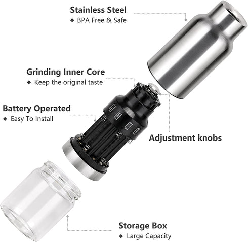 JXXM Gravity Electric Salt and Pepper Grinder Set, Automatic One Hand Pepper Mill Grinder with Battery Operated 2 Pack