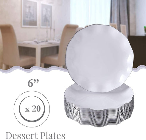 DISPOSABLE DESSERT PLATES | 20 pc | Heavy Duty Plastic Dishes | Elegant Fine China Look | Veil - White (6€?)