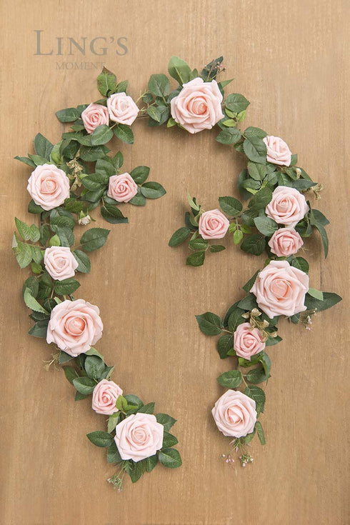 Ling's moment Handcrafted Artificial Blush Pink Rose Flower Garland 5ft Greenery Garland for Wedding Centerpieces Ceremony Sign Aisle Arch Backdrop Reception Table Decorations