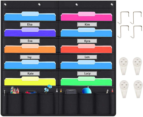 Hanging File Holder Organizer Rack, 10+10 Pocket Chart File Folders, Wall Mount, 10 Tier Folder Frame Hang Desk File, Calendar, Expanding File, Home Decor Shelf Bathroom, Rustic Bedroom, Board, Black