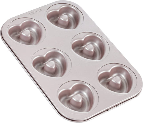 CHEFMADE Donut Mold Cake Pan, 6-Cavity Non-Stick Heart-Shaped Doughnut Bakeware for Oven Baking (Champagne Gold)