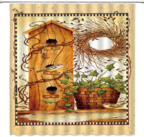 Primitive Shower Curtain Rustic Vintage Birdhouse Bird Bamboo Basket Wreath Vine Plant Country Outhouse Western Cabin Old Farmhouse Fabric Bath Curtains Bathroom Polyester with Plastic Hooks 70x70Inch