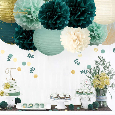 NICROLANDEE Wedding Party Decorations - 12PCS Green Hanging Tissue Pom Poms Gold Foil Dots Paper Lantern Confetti 30G for Rustic Style Bridal Shower Birthday Botanical Baby Shower Decorations
