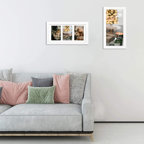 Golden State Art, 7x14 White Photo Wood Collage Frame with Mat displays (3) 4"x6" Pictures (Wood - White with White Mat)
