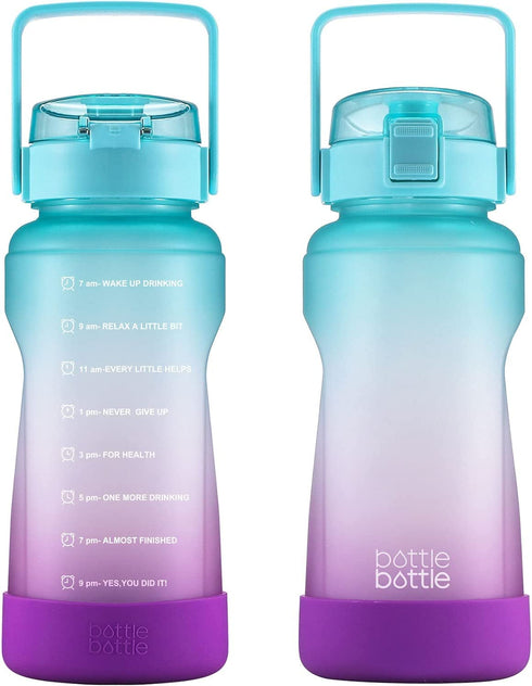 BOTTLE BOTTLE Half Gallon/64 oz Water Bottle with Straw Big Handle Protective Silicone Boot Sports Water Bottle with Time Marker Leak Proof Reusable Water Jug for Adult and Kids (blue purple)