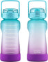 BOTTLE BOTTLE Half Gallon/64 oz Water Bottle with Straw Big Handle Protective Silicone Boot Sports Water Bottle with Time Marker Leak Proof Reusable Water Jug for Adult and Kids (blue purple)