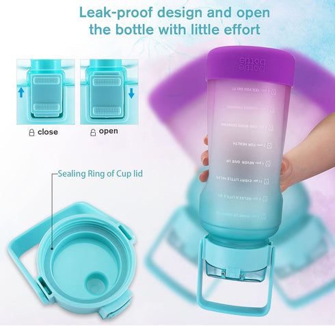 BOTTLE BOTTLE Half Gallon/64 oz Water Bottle with Straw Big Handle Protective Silicone Boot Sports Water Bottle with Time Marker Leak Proof Reusable Water Jug for Adult and Kids (blue purple)