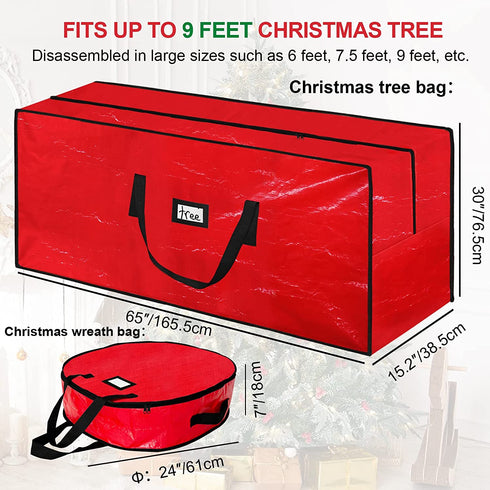 Christmas Tree Storage Bag Wreath Container - Heavy Duty Jumbo Large Waterproof Fits Up to 9ft Artificial Trees and Xmas Decorations Organizer with Reinforced Long Handles (Red)
