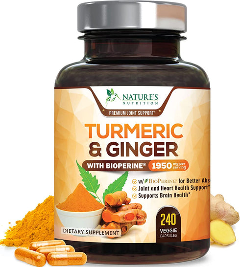 Turmeric Curcumin with BioPerine & Ginger 95% Curcuminoids 1950mg - Natural Joint Inflammatory Support, Black Pepper for Max Absorption, Nature's Tumeric Extract Supplement - 240 Capsules