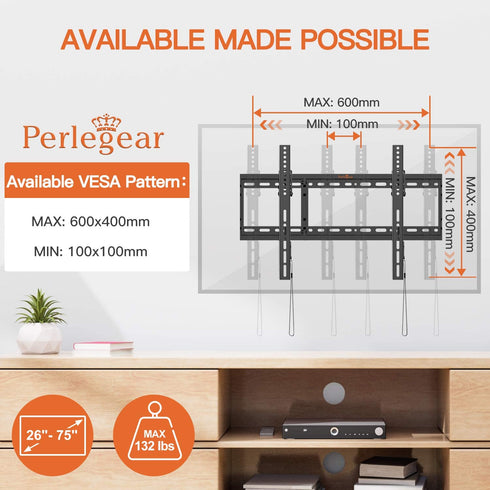 Perlegear Tilt TV Wall Mount Bracket Low Profile for Most 26-75 Inch LED LCD OLED Flat Curved Screen TVs, Large Tilting Mount Fits 16, 18, 24 Inch Studs Max VESA 600x400mm Supports up to 132lbs