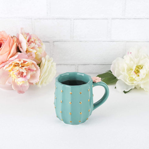 Pinky Up Cactus Mug, 3D Green Ceramic, Gold Details, Holds 10 Ounces, Coffee & Tea Accessories, Cute Succulent Coffee Mug